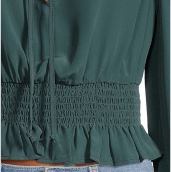 Socialite Long Sleeve Smocked Waist Peasant Tie Front Blouse Trekking Green S - Picture 3 of 6